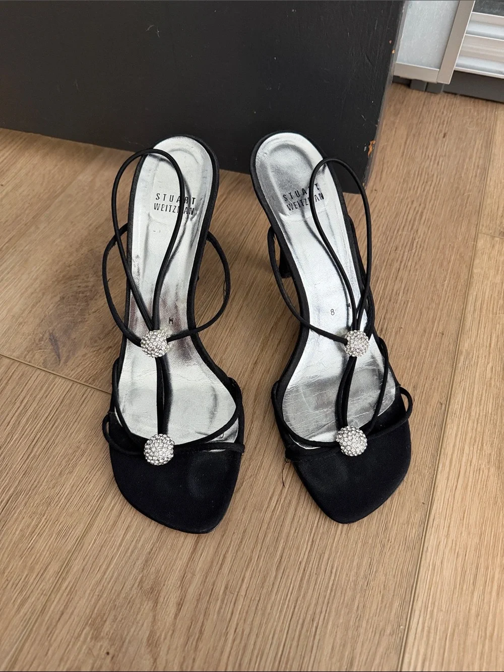 Stuart Weitzman Black Strappy Crystal-Embellished Heels
